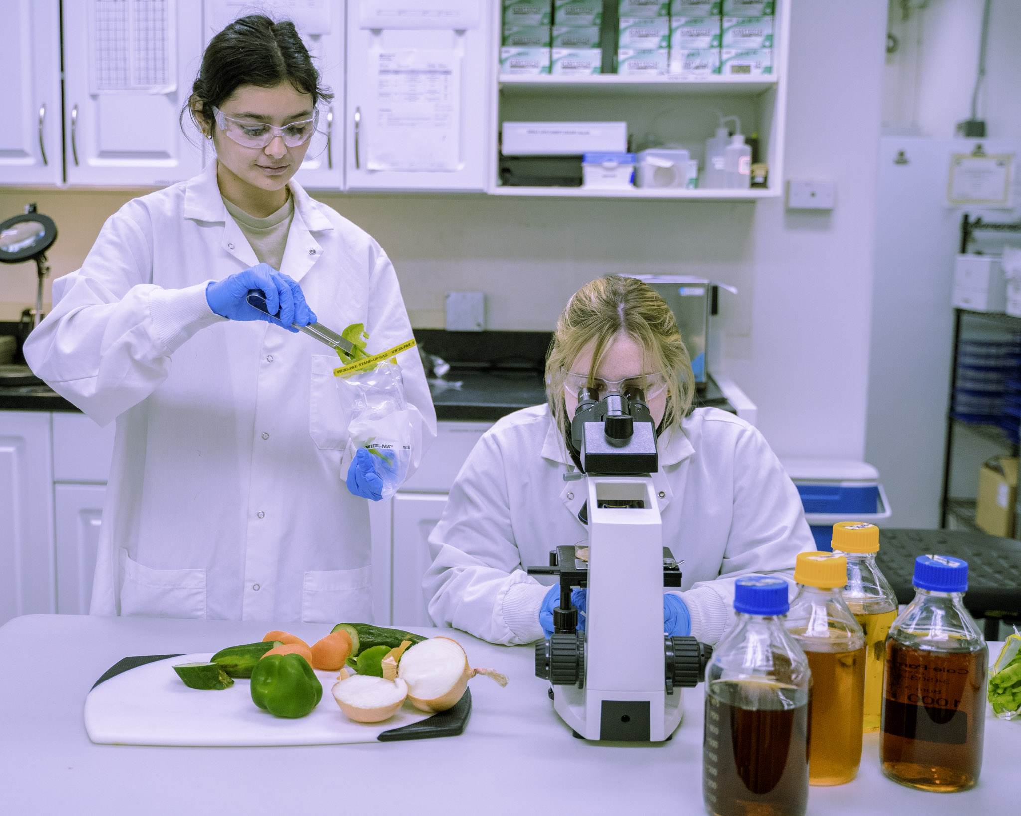 Food technologists in Hawaii laboratory analyzing food samples with microscopes and scientific equipment